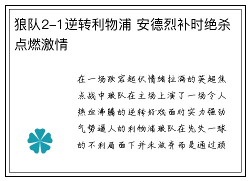 狼队2-1逆转利物浦 安德烈补时绝杀点燃激情